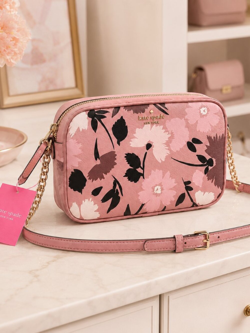 Kate Spade Floral Pebbled Leather Crossbody Pink Center Divider NWT